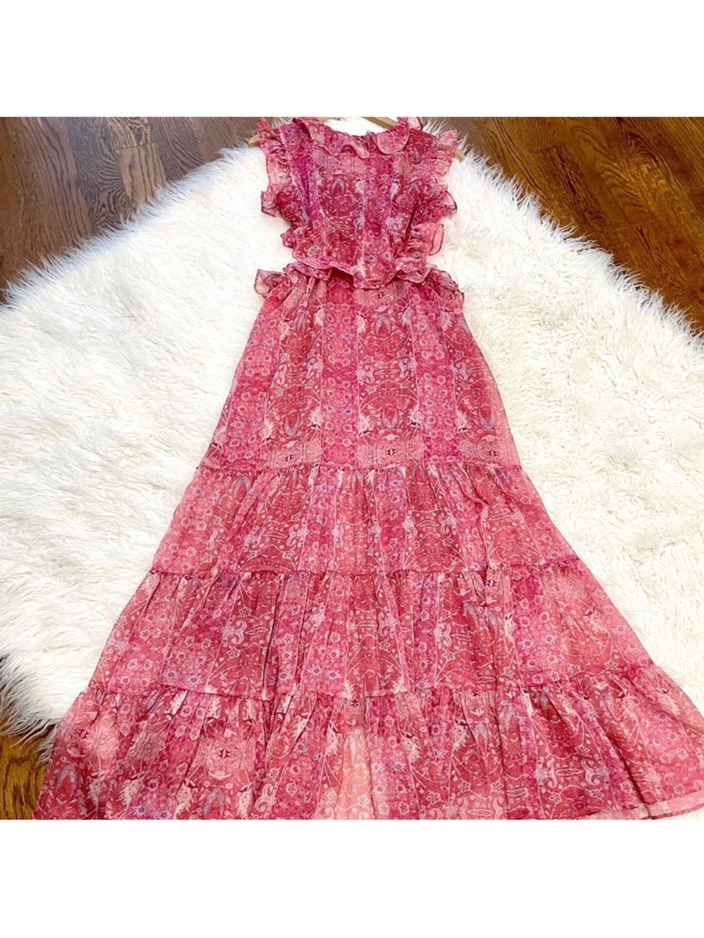 NEW Misa Los Angeles Natasha Side Cutouts Pink Paisley Ruffle Midi Dress Size S - Picture 4 of 10